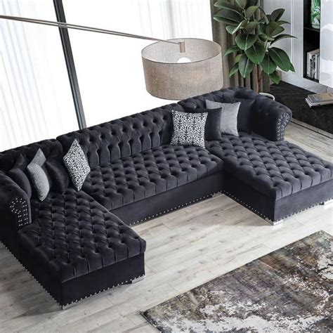 Larry Double Chaise Sectional in Black Velvet in 2022 | Double chaise ...