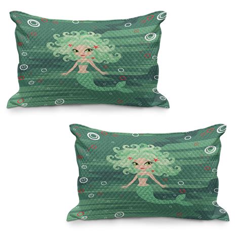 Underwater Quilted Pillowcover Set Of 2 Mermaid Cartoon Water Bubbles