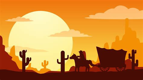 Sunset in the wild west desert landscape vector illustration. Cowboy ...