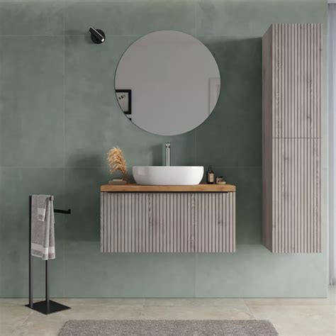 Mobile Bagno Sospeso 90 Cm Rovere Iron Effetto Cannettato Con Top