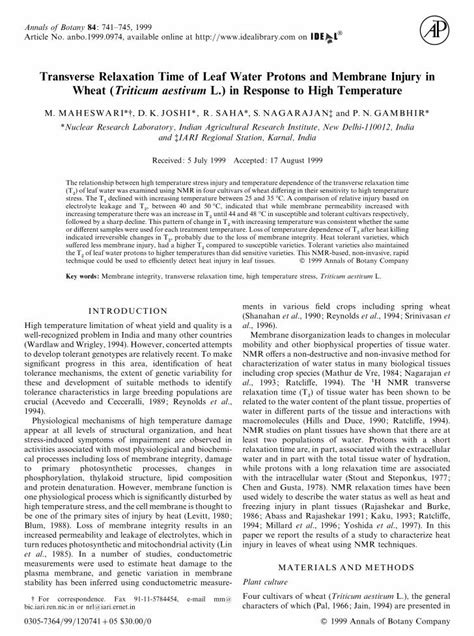 Pdf Transverse Relaxation Time Of Leaf Water Protons And Membrane