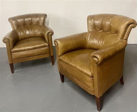 Pair of Leather Lounge Cigar Chairs, Mid 20th Century, Tuffted For Sale at 1stDibs