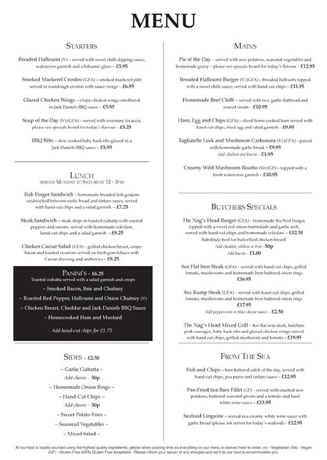 Menu at The Nags Head pub & bar, East Harling