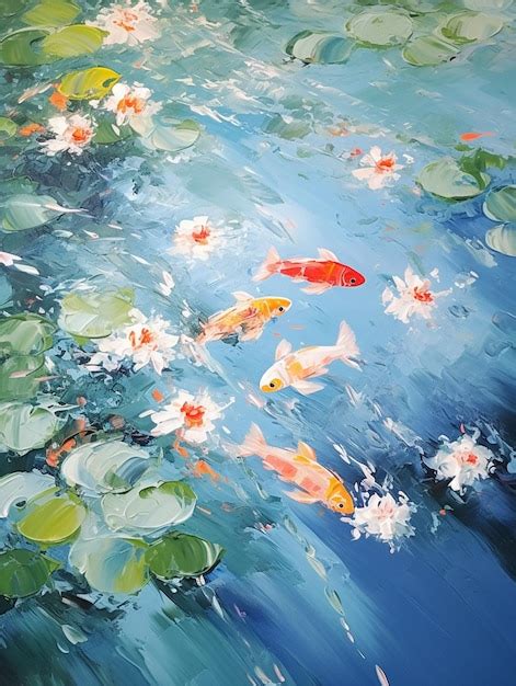 Premium Ai Image Painting Of A Pond With Koi Fish And Lily Pads