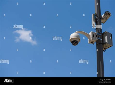 Cctv Cameras Mounted On The Pole Over Sky Copy Space Stock Photo Alamy