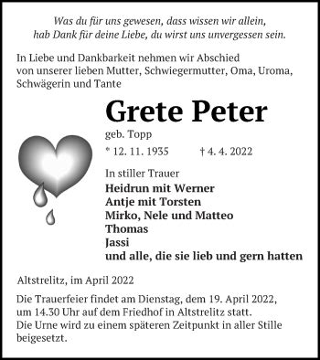 Traueranzeigen Von Grete Peter Trauer Nordkurier