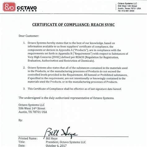 Reach Svhc Compliance Certificate Signed Octavo Systems