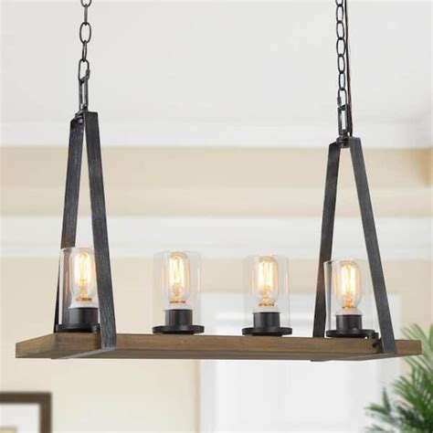 LNC Farmhouse Wood Island Chandelier 4 Light Brushed Black Linear