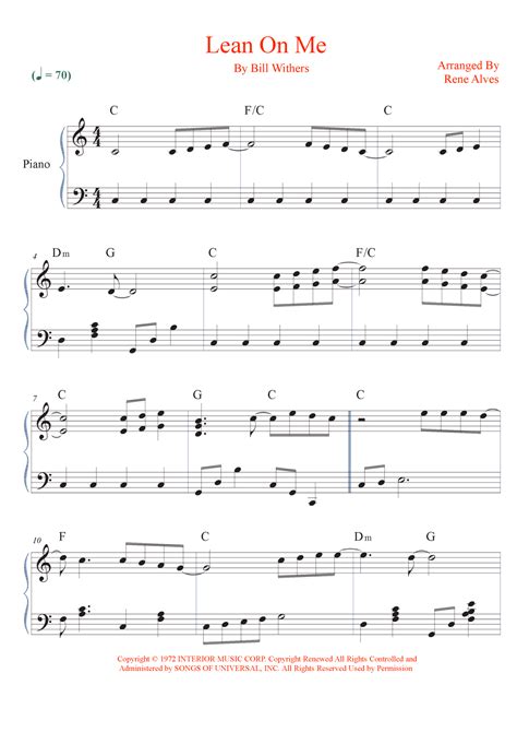 Lean On Me Arr Rene Alves By Bill Withers Sheet Music For Piano Solo