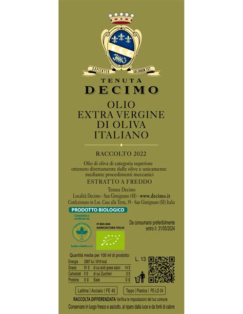 Olio Evo Olio Extravergine Di Oliva Biologico Igp Tenuta Decimo