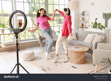 Dancing Lesbian Couple Headphones Recording Video Stock Photo Shutterstock