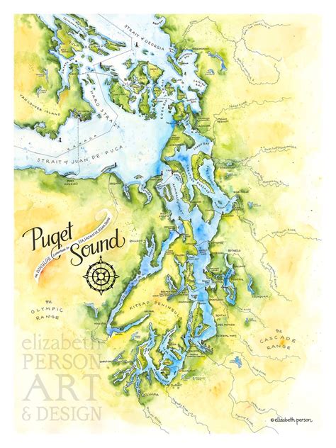 Puget Sound Map Watercolor Illustration Puget Sound Nautical Map Kitsap