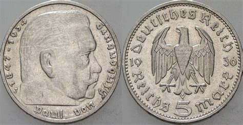 Kleinmünzen Drittes Reich 5 Reichsmark 1936 J Drittes Reich Paul