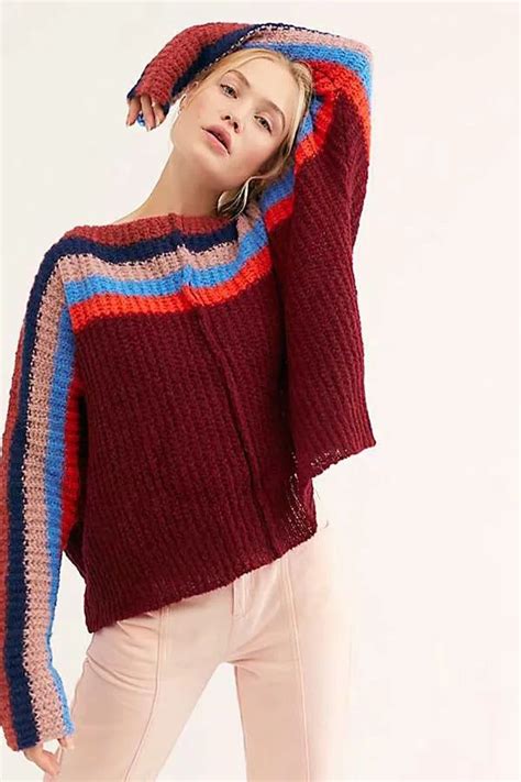 Rainbow Stripes Long Sleeve Boho Bohemian Sweaters In 2022 Free People Sweater Rainbow