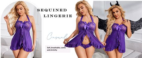 Avidlove Lace Lingerie For Women Halter Chemise Babydoll Lace Nightwear V Neck Nightgown Purple