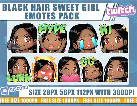 Black Hair Twitch Emotes, Girl Emotes, Sweet Girl Emotes, Emotes Bundle ...