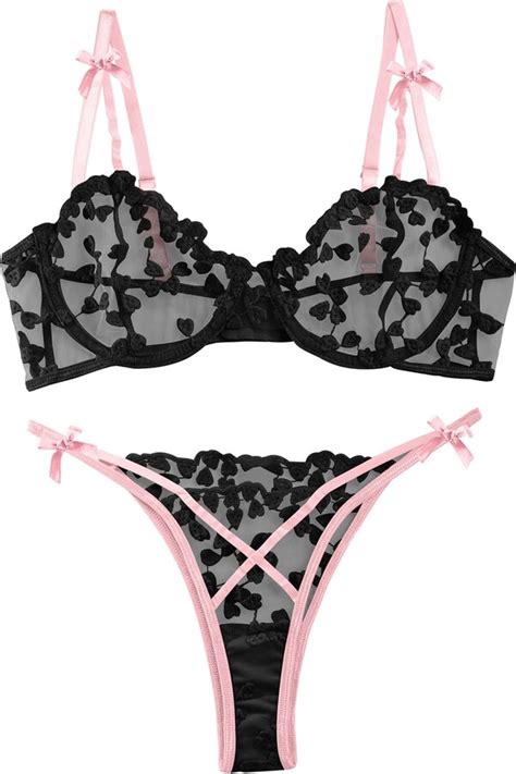Lilosy Sexy Underwire Cute Push Up Strappy Embroidered Mesh Sheer Lingerie Set See Through Panty