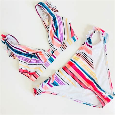 ASOS Swim Nwt Asos Fuller Bust White Striped Pastel Frill Ruffle Plunge Bikini Set Poshmark