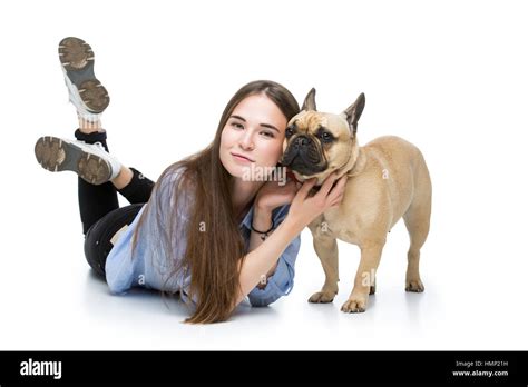 Beautiful girl with french bulldog Stock Photo - Alamy
