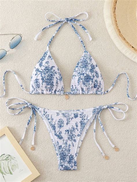 Women S Spider Printed Halter Neck Tie Sexy Bikini Set Summer Beachwear Shein Usa