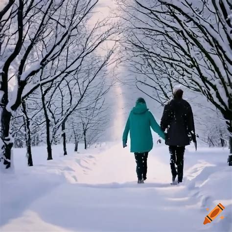 Couple Walking Down Snowy Path Lined With Trees On Craiyon