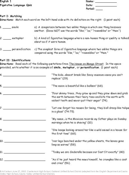 Figurative Language Quiz Worksheet For 7th 9th Grade Lesson Planet