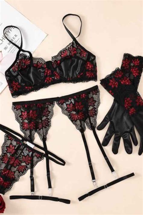 Sexy Floral Lace Gloves Detail Four Piece Lingerie Set Wow Garments