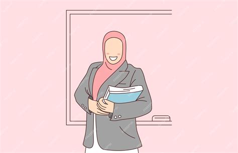 Premium Vector Female Teacher In Hijab Holding A Book Illustration Muslim Woman Teacher