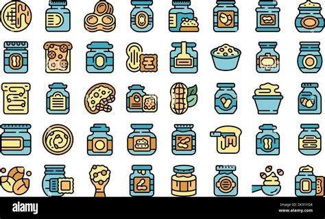 Peanut Butter Icons Set Outline Vector Nut Allergy Jelly Snack Color