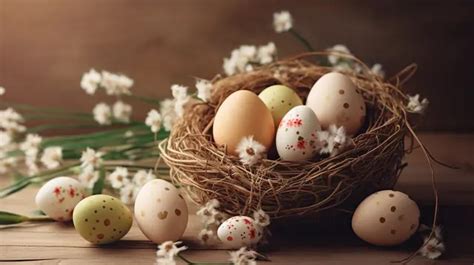 Colorful Easter Eggs In Nest With Spring Blooms Colorful Easter Eggs