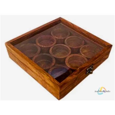 Sheesham Wood Brown Wooden Masala Box 9 Partition Round Spice Box Bowl