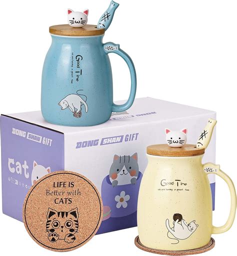 Cat Mugs Set Of 2 Cute Cat Tea Cup Ceramic Coffee Mug With Kawaii Lid