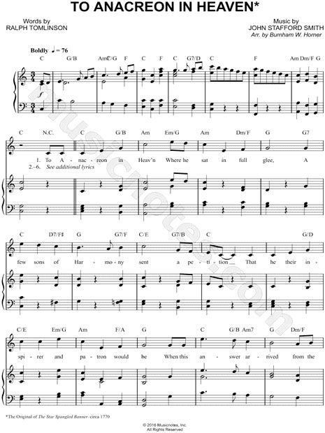 John Stafford Smith "To Anacreon in Heaven" Sheet Music in C Major ...