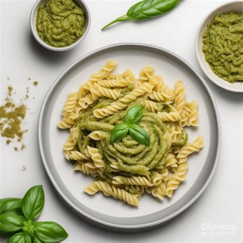 Premium Ai Image Spiral Pasta With Sauce Pesto Decorated With Fresh