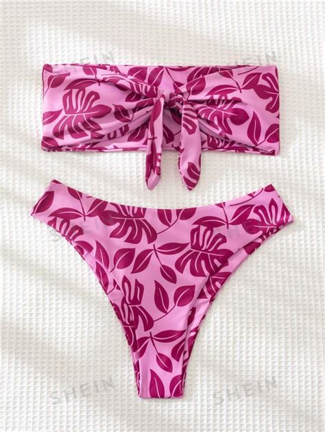 Shein Swim Summer Beach Tropical Print Bikini Set Knot Bandeau Bikini Cheeky Pieces Bikini