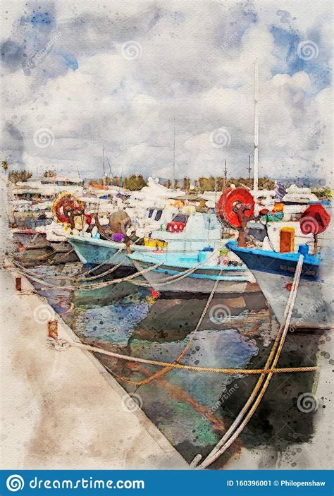 Pintura Acuarela De Coloridos Barcos De Pesca Tradicionales Amarrados