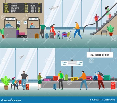 Airport Vector Illustration With Airline Flight Check In Desk And People At Baggage Claim Area