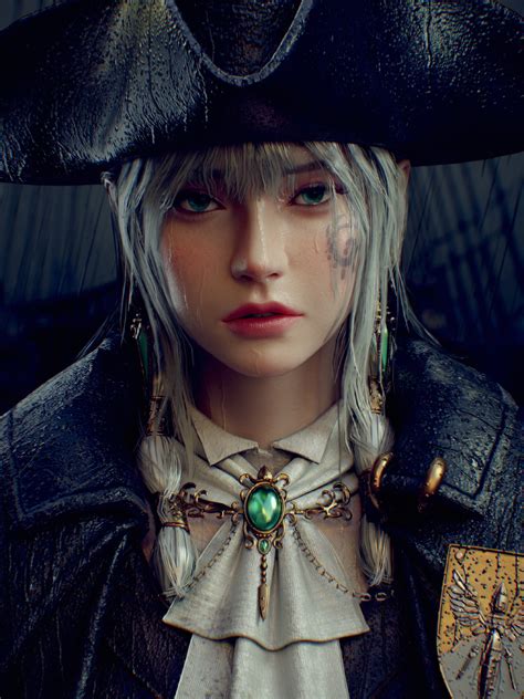 Junhoo Kang Women Pirate Girl Cgi Silver Hair Emerald Digital Art