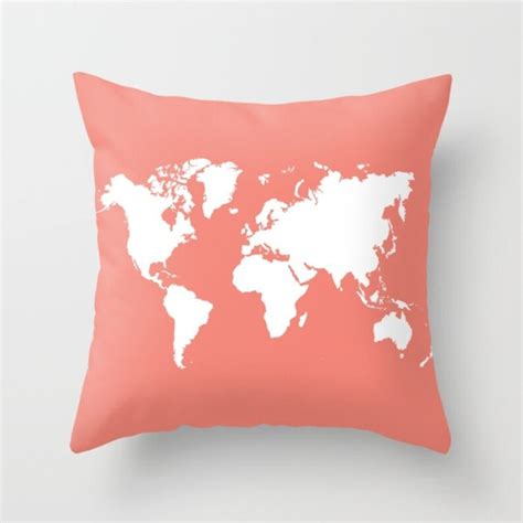 World Map Pillow With Insert Coral And White Modern Pillow Etsy