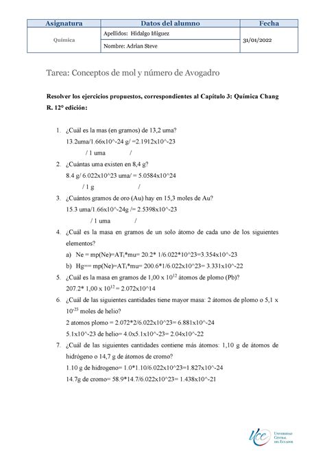 Tareas Concepto De Mol Y N Mero De Avogadro Qu Mica Apellidos