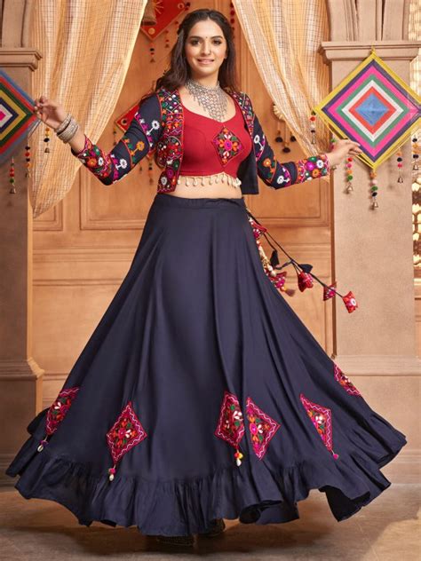 Navy Blue Viscose Rayon Navratri Lehenga Choli In Viscose Rayon