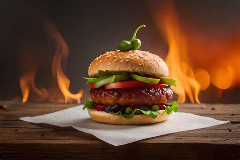 Una Hamburguesa Con Un Tomate Se Sienta Sobre Una Mesa De Madera Con Un