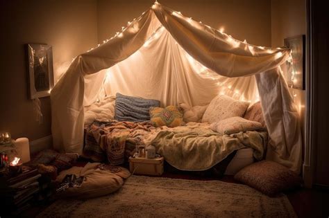 Premium Ai Image Cozy Blanket Fort With Pillows And Soft Blankets For Snuggle Heaven