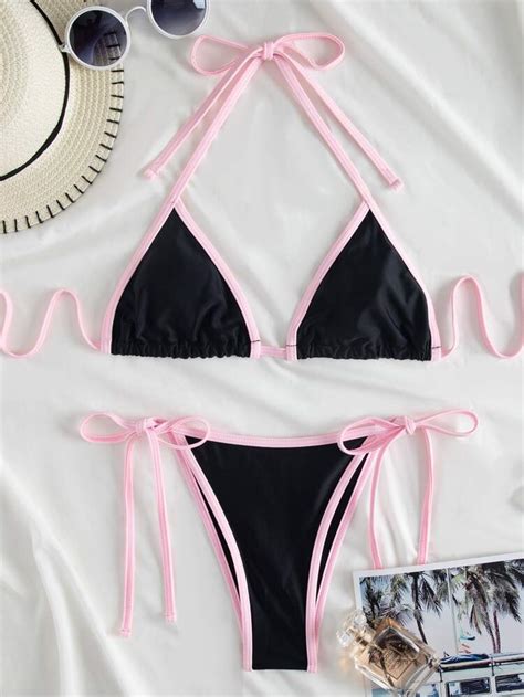 Contrast Binding Triangle Bikini Swimsuit Wishupon