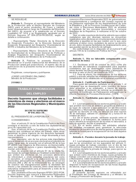 Decreto Supremo 016 2022 Tr Pdf Elecciones Votación