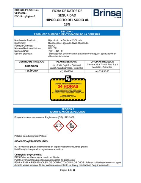 6 Ficha De Seguridad Hipoclorito De Sodio