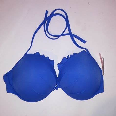 Victoria S Secret Swim Victoria Secret Swim Bikini Top Push Up Solid Blue Ruffle Trim Halter