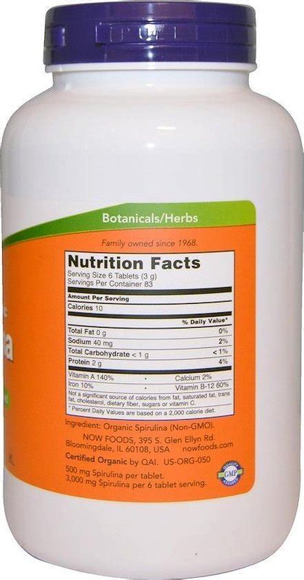 Certified Organic Spirulina 500 Mg 500 Tablets Now Foods Bol