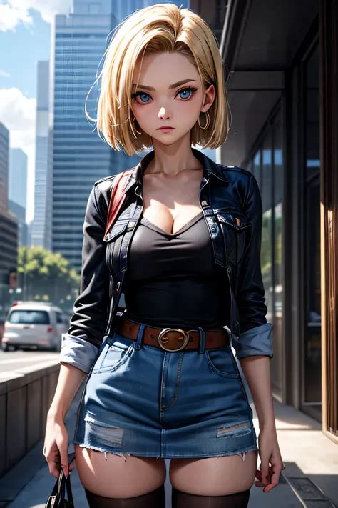 Android 18 Posing Cutely Shes Wearing Her Classic Blue Jean Skirt And Black Jacket With Long