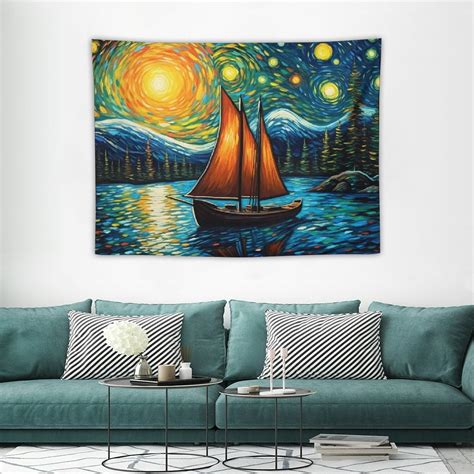 ONETECH Starry Night Tapestry Aesthetic Sailing Boat Tapestry Galaxy